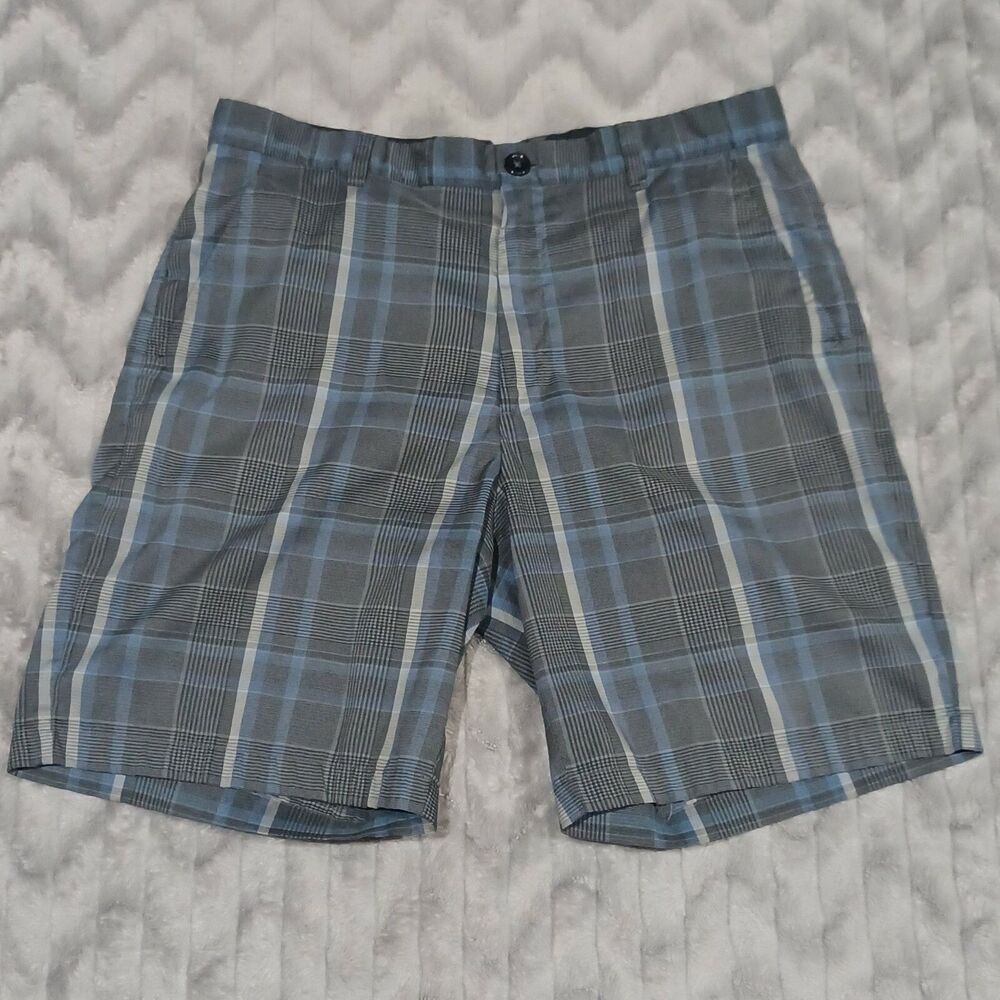 Greg Norman Mens Size 34 Gray Blue Plaid Polyester Blend Flat Front Shorts